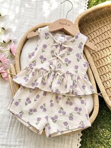 SHEIN LMoss Kids 2件套女婴碎花编织休闲背心和裤子套装 - 彩色 - 查看 1
