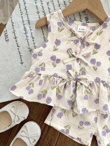 SHEIN LMoss Kids 2件套女婴碎花编织休闲背心和裤子套装 - 彩色 - 查看 5