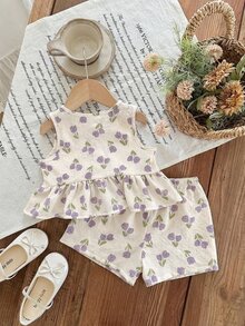 SHEIN LMoss Kids 2件套女婴碎花编织休闲背心和裤子套装 - 彩色 - 查看 3