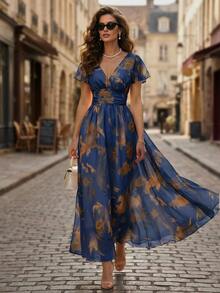 Balvessa V-Neck Elegant Ruffle Hem Floral Print Waist Cinched A-Line Midi Dress, Romantic & Fashionable For Holiday - Navy Blue - View 2
