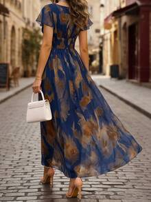 Balvessa V-Neck Elegant Ruffle Hem Floral Print Waist Cinched A-Line Midi Dress, Romantic & Fashionable For Holiday - Navy Blue - View 3