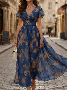 Balvessa V-Neck Elegant Ruffle Hem Floral Print Waist Cinched A-Line Midi Dress, Romantic & Fashionable For Holiday - Navy Blue - View 6