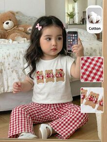 SHEIN 2件組女嬰紅色與白色格紋夏季可愛親子套裝，條紋圓領衛衣搭配黑色長褲，適合生日派對 - 黑與白 - 查看 2