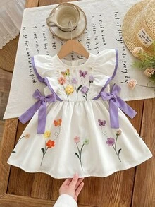 SHEIN LMoss Kids 女婴编织花卉图案圆领荷叶边撞色蝴蝶结休闲连衣裙 - 白色 - 查看 2