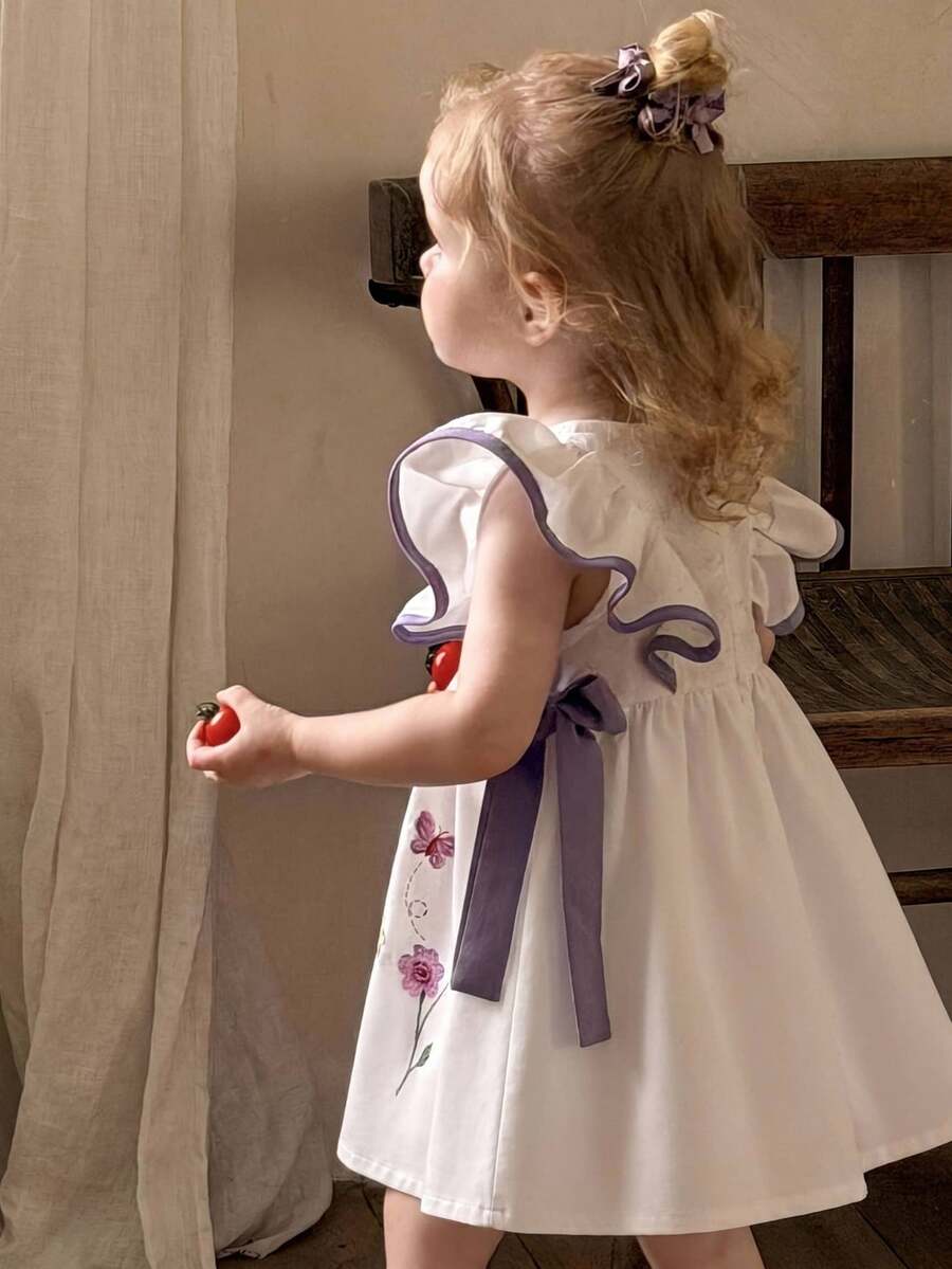 SHEIN LMoss Kids Baby Girl Woven Floral Pattern Round Neck Ruffle Trim Contrast Bow Casual Dress - White - View 1
