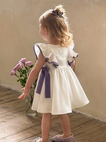 SHEIN LMoss Kids 女婴编织花卉图案圆领荷叶边撞色蝴蝶结休闲连衣裙 - 白色 - 查看 3