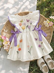 SHEIN LMoss Kids 女婴编织花卉图案圆领荷叶边撞色蝴蝶结休闲连衣裙 - 白色 - 查看 1