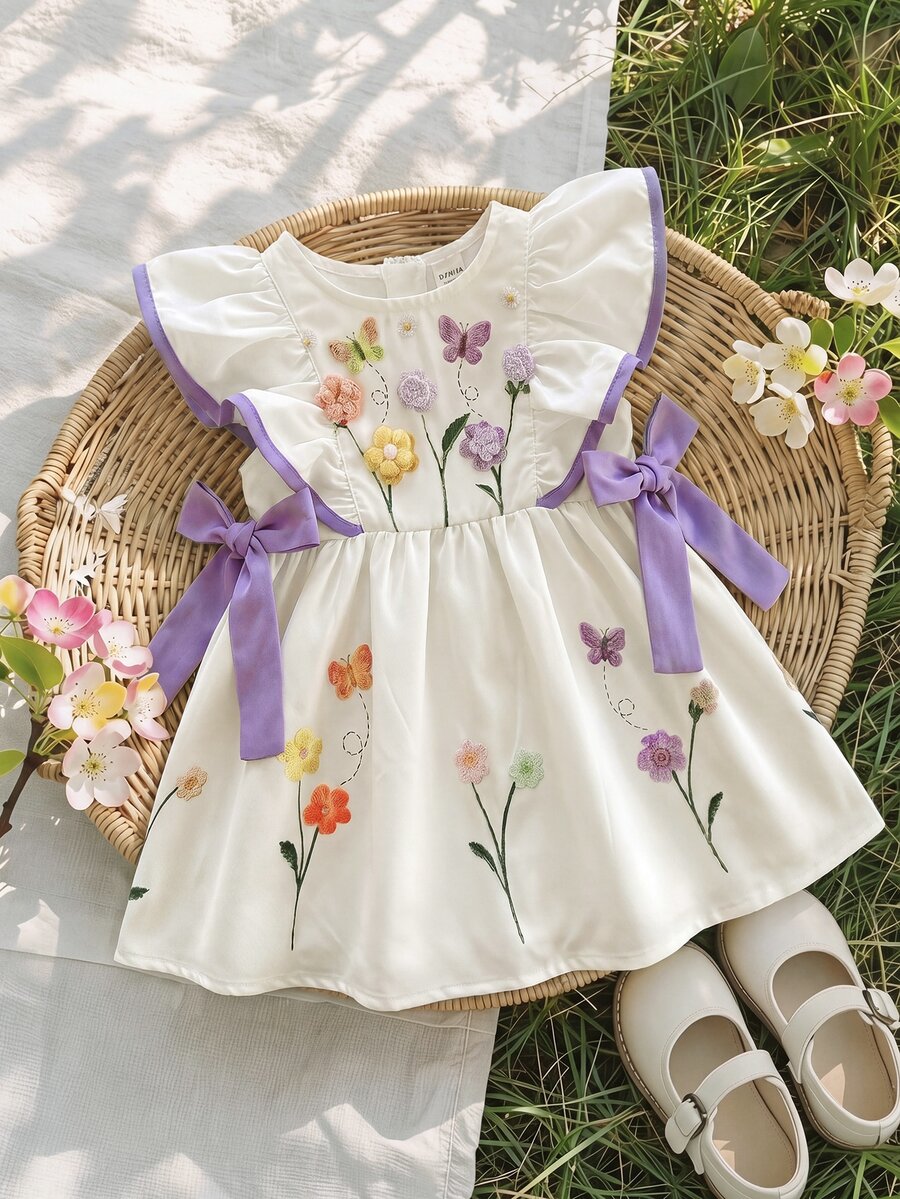 SHEIN LMoss Kids 女婴编织花卉图案圆领荷叶边撞色蝴蝶结休闲连衣裙 - 白色 - 查看 1