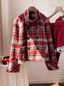 Comfortcana Women's Plaid Raglan Sleeve Double-Breasted Casual Overcoat - Multicolor - View 6