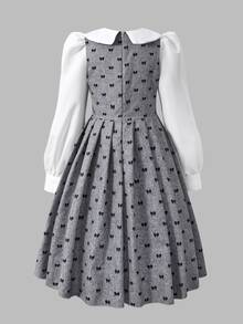 SHEIN Girls' Grey Lapel Corduroy Dress, Elegant Uniform Retro Style. Ideal For Parties School, Preppy Look And Other Occasions, Casual Wear For Fall And - Multicolor - View 2