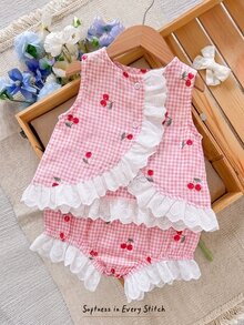 SHEIN LMoss Kids 2pcs Baby Girl Woven Cherry Print  Vest And Shorts Set Pink Gingham Summer Cute Versatile Sets Outing Birthday Party Holiday - Multicolor - View 1