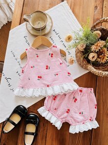SHEIN LMoss Kids 2pcs Baby Girl Woven Cherry Print  Vest And Shorts Set Pink Gingham Summer Cute Versatile Sets Outing Birthday Party Holiday - Multicolor - View 3