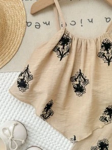 SHEIN LMoss Kids 女婴复古纹理无袖休闲夏季T恤套装 - 彩色 - 查看 5