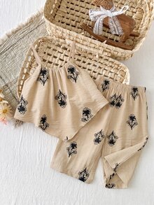 SHEIN LMoss Kids 女婴复古纹理无袖休闲夏季T恤套装 - 彩色 - 查看 1