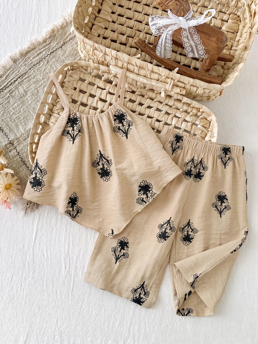 SHEIN LMoss Kids 女婴复古纹理无袖休闲夏季T恤套装 - 彩色 - 查看 1