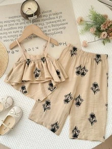 SHEIN LMoss Kids 女婴复古纹理无袖休闲夏季T恤套装 - 彩色 - 查看 2