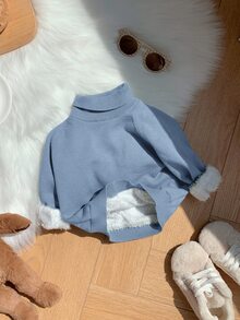 SHEIN 男宝宝/女宝宝雾蓝色保暖针织纯色休闲高领毛衣，柔软亲肤，适合秋冬休闲、上学、外出 - 霧霾藍 - 查看 7
