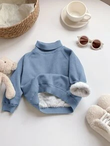 SHEIN 男宝宝/女宝宝雾蓝色保暖针织纯色休闲高领毛衣，柔软亲肤，适合秋冬休闲、上学、外出 - 霧霾藍 - 查看 5