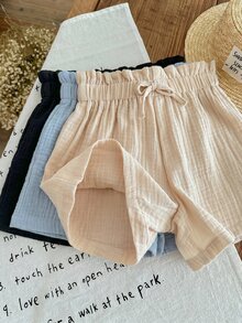 SHEIN LMoss Kids 3PCS Young Girls Shorts 3 Pcs Shorts For Young Girl Summer Short Sets Paperbag Waist Shorts - Baby Blue - View 5