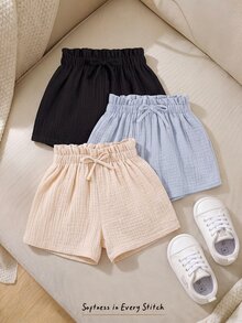 SHEIN LMoss Kids 3PCS Young Girls Shorts 3 Pcs Shorts For Young Girl Summer Short Sets Paperbag Waist Shorts - Baby Blue - View 1