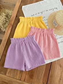 SHEIN LMoss Kids LMoss Young Girl's 3pcs Casual Summer Set: Woven Soft Dual-Layered Gauze Ruffle Shorts With Elastic Waist, Solid Color, Versatile And Breezy - Multicolor - View 2