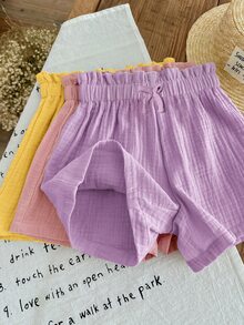 SHEIN LMoss Kids LMoss Young Girl's 3pcs Casual Summer Set: Woven Soft Dual-Layered Gauze Ruffle Shorts With Elastic Waist, Solid Color, Versatile And Breezy - Multicolor - View 5