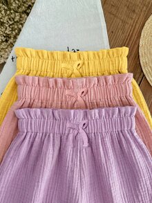 SHEIN LMoss Kids LMoss Young Girl's 3pcs Casual Summer Set: Woven Soft Dual-Layered Gauze Ruffle Shorts With Elastic Waist, Solid Color, Versatile And Breezy - Multicolor - View 3