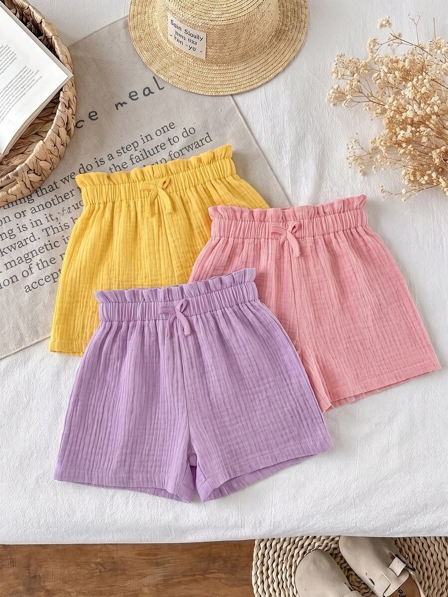 SHEIN LMoss Kids LMoss Young Girl's 3pcs Casual Summer Set: Woven Soft Dual-Layered Gauze Ruffle Shorts With Elastic Waist, Solid Color, Versatile And Breezy - Multicolor - View 1