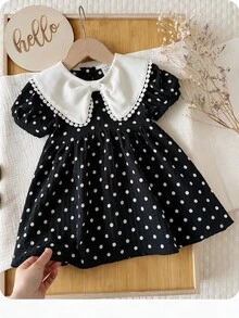SHEIN LMoss Kids Babygirl Cute Summer Plaid & Floral Pattern Peter Pan Collar Dress - Black and White - View 1