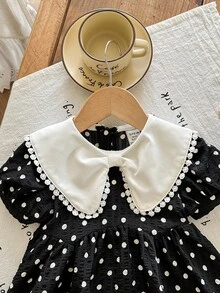 SHEIN LMoss Kids Babygirl Cute Summer Plaid & Floral Pattern Peter Pan Collar Dress - Black and White - View 4