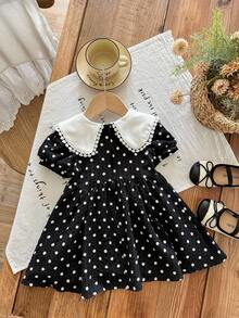 SHEIN LMoss Kids Babygirl Cute Summer Plaid & Floral Pattern Peter Pan Collar Dress - Black and White - View 3