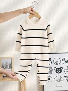 SHEIN New Born Baby Boy/Girl Striped Fashionable Polo Collar Long Sleeve Romper Sweater, Suitable For Autumn/Winter, Kindergarten Kids Fall - Multicolor - View 5