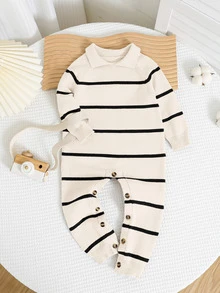 SHEIN New Born Baby Boy/Girl Striped Fashionable Polo Collar Long Sleeve Romper Sweater, Suitable For Autumn/Winter, Kindergarten Kids Fall - Multicolor - View 7