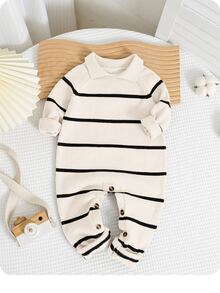 SHEIN New Born Baby Boy/Girl Striped Fashionable Polo Collar Long Sleeve Romper Sweater, Suitable For Autumn/Winter, Kindergarten Kids Fall - Multicolor - View 1