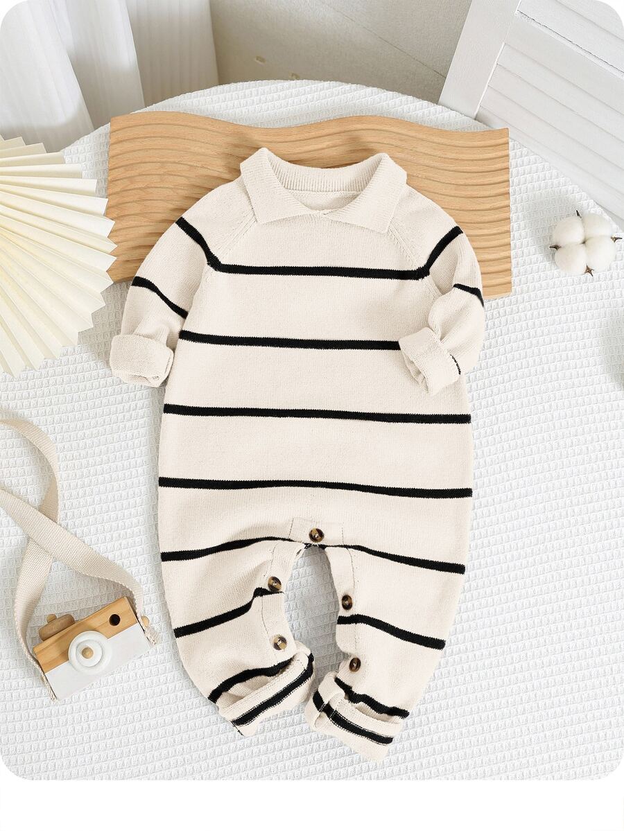 SHEIN New Born Baby Boy/Girl Striped Fashionable Polo Collar Long Sleeve Romper Sweater, Suitable For Autumn/Winter, Kindergarten Kids Fall - Multicolor - View 1