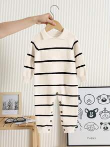 SHEIN New Born Baby Boy/Girl Striped Fashionable Polo Collar Long Sleeve Romper Sweater, Suitable For Autumn/Winter, Kindergarten Kids Fall - Multicolor - View 4