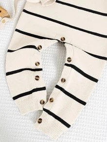 SHEIN New Born Baby Boy/Girl Striped Fashionable Polo Collar Long Sleeve Romper Sweater, Suitable For Autumn/Winter, Kindergarten Kids Fall - Multicolor - View 3