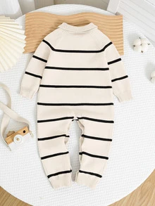 SHEIN New Born Baby Boy/Girl Striped Fashionable Polo Collar Long Sleeve Romper Sweater, Suitable For Autumn/Winter, Kindergarten Kids Fall - Multicolor - View 2