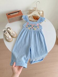 SHEIN LMoss Kids LMoss Young Girl Woven Solid Color Sleeveless Embroidered Loose Casual Strap Jumpsuit - Blue - View 2