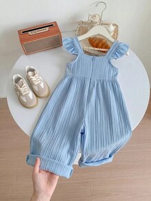 SHEIN LMoss Kids LMoss Young Girl Woven Solid Color Sleeveless Embroidered Loose Casual Strap Jumpsuit - Blue - View 3
