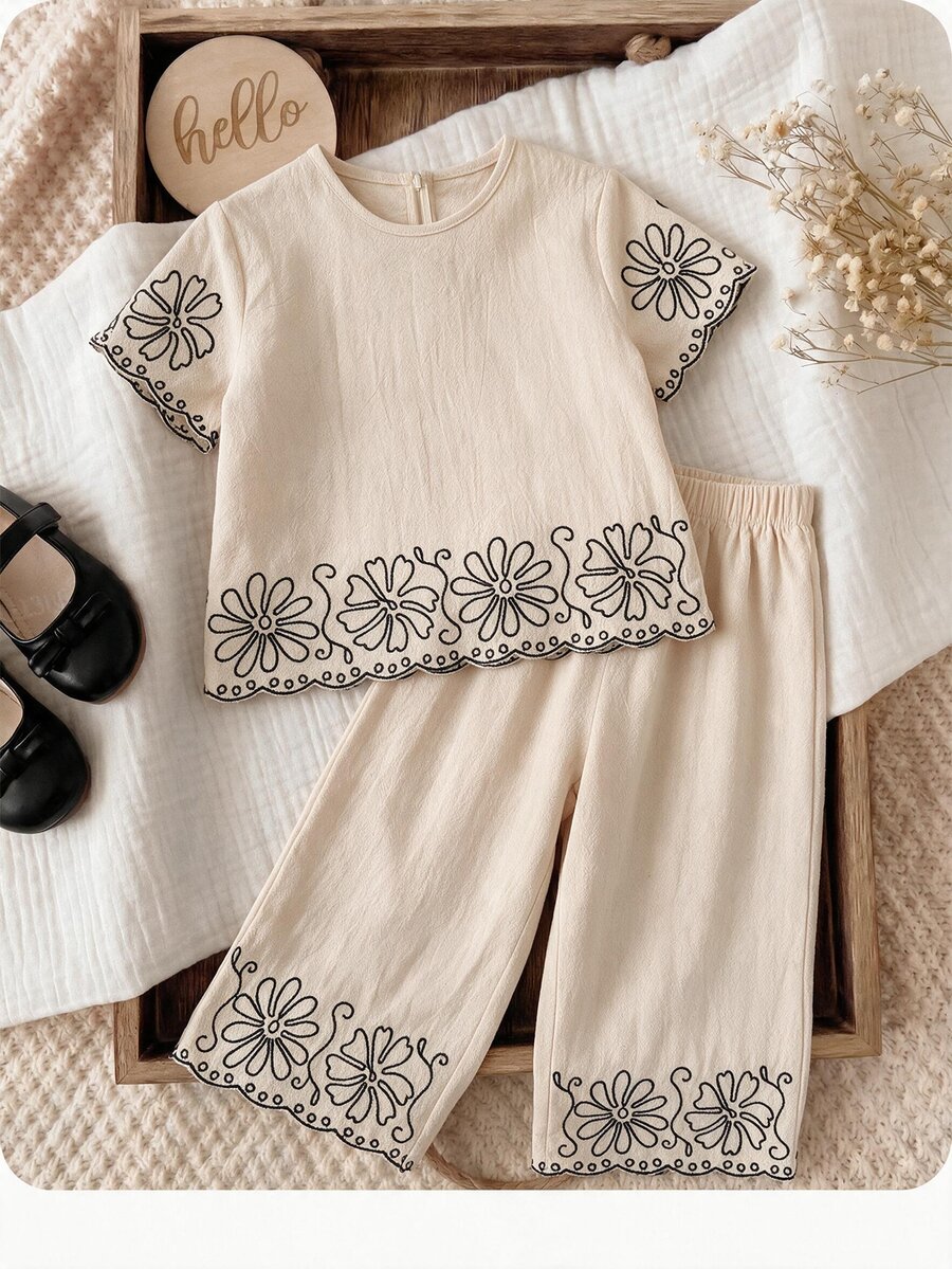 SHEIN LMoss Kids 女童花卉刺绣短袖上衣和直筒裤套装，休闲度假风，春夏秋季 - 杏色 - 查看 1