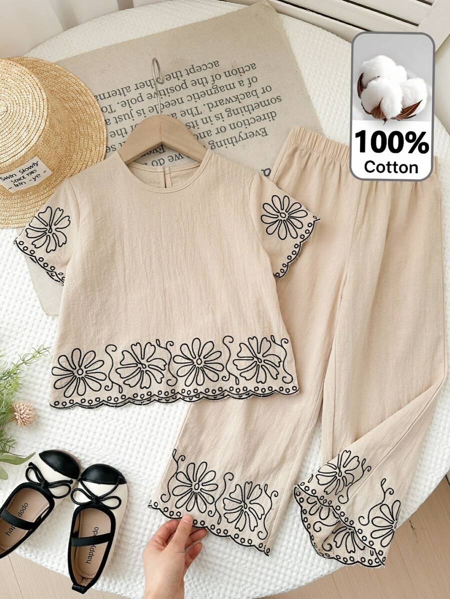 SHEIN LMoss Kids LMoss Young Girl Floral Embroidery Short Sleeve Top And Straight Leg Pants Set, Casual Vacation Style, Spring/Summer/Autumn - Apricot - View 1
