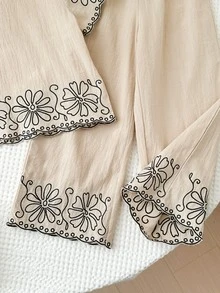 SHEIN LMoss Kids 女童花卉刺绣短袖上衣和直筒裤套装，休闲度假风，春夏秋季 - 杏色 - 查看 4