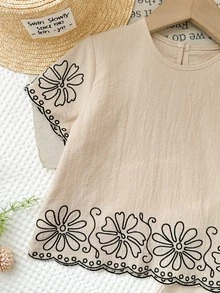 SHEIN LMoss Kids 女童花卉刺绣短袖上衣和直筒裤套装，休闲度假风，春夏秋季 - 杏色 - 查看 5