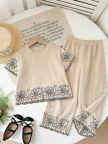 SHEIN LMoss Kids 女童花卉刺绣短袖上衣和直筒裤套装，休闲度假风，春夏秋季 - 杏色 - 查看 6