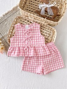 SHEIN LMoss Kids Baby Girl Bow Decor Plaid Vest And Shorts Cute Set - Pink - View 1