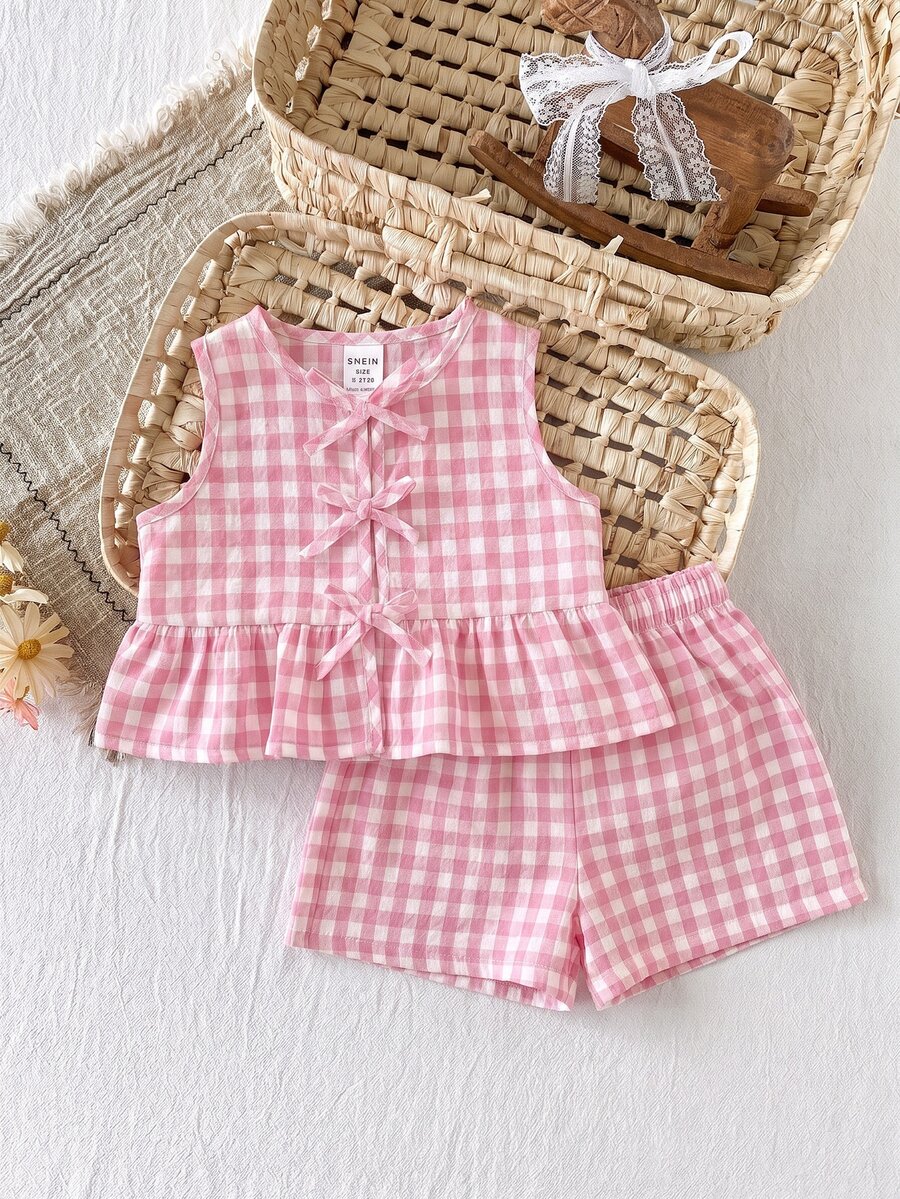SHEIN LMoss Kids Baby Girl Bow Decor Plaid Vest And Shorts Cute Set - Pink - View 1