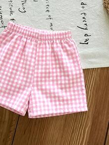 SHEIN LMoss Kids Baby Girl Bow Decor Plaid Vest And Shorts Cute Set - Pink - View 5