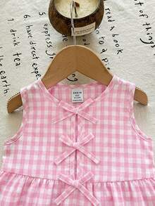 SHEIN LMoss Kids Baby Girl Bow Decor Plaid Vest And Shorts Cute Set - Pink - View 4