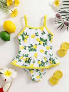 SHEIN Baby Girl Lemon Print Ruffle Strap One-Piece Swimsuit, Suitable For Beach Vacation, Pool Party, Beach Party - Pink - View 3